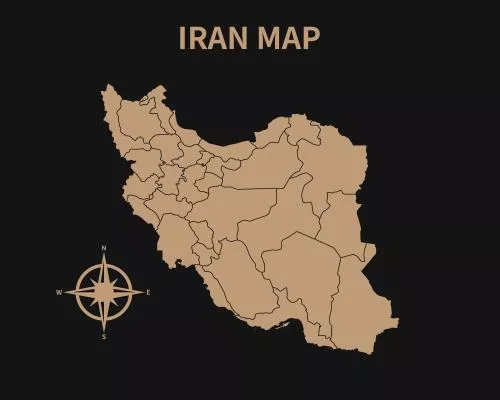 وکتور EPS نقشه قدیمی وینتیج دقیق ایران با قطب نما و مرز منطقه ای بر روی پس زمینه تیره و ایزوله 28786