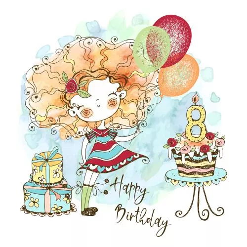 وکتور آبرنگی تبریک تولد کودکانه شامل دختر بچه مو فرفری شامل به همراه بادکنک و کیک و کادو فایل EPS لایه باز 21105