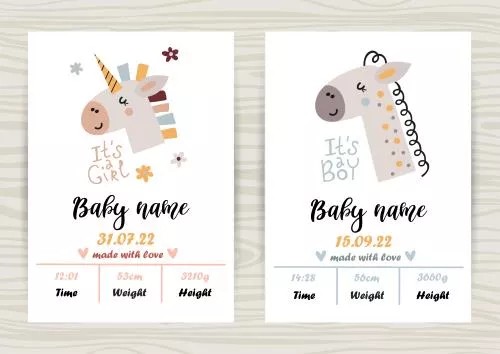 وکتور کارت دعوت تولد کودکانه شامل گورخر و اسب تک شاخ فایل EPS لایه باز 21119