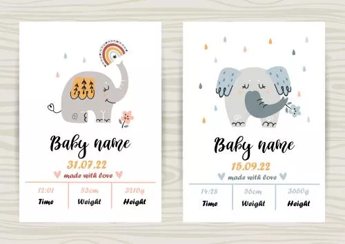 ست وکتور های کارت دعوت تولد بامزه کودک شامل فیل از کنار و روبرو فایل EPS لایه باز 21127