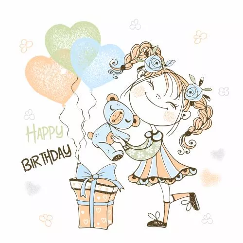 وکتور کودکانه تبریک تولد شامل دختربچه بامزه به همراه بادکنک و عروسک خرس و کادو و متن تبریک تولد فایل EPS لایه باز 21129