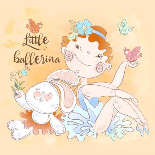 وکتور کودکانه دختربچه و خرگوش و گل و پروانه و گنجشک ویژه تبریک تولد مناسب برای کارت پستال و پست اینستاگرام فایل EPS لایه باز  21138