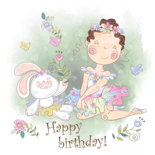 وکتور رایگان تبریک تولد کودک دختر نشسته و خرگوش بامزه به همراه متن تبریک تولد 21144