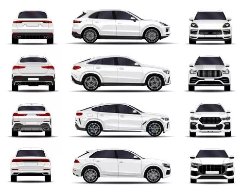 وکتور EPS مجموعه ماشین های شاسی بلند واقع‌گرایانه از نمای جلو - نمای بغل - نمای پشت 26314