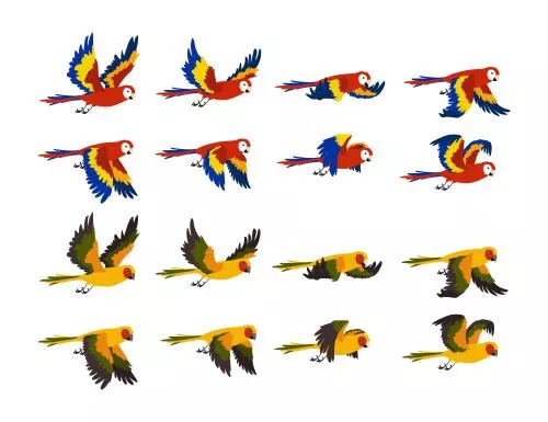 وکتور EPS مجموعه تصویرسازی کارتونی طوطی های گرمسیری رنگارنگ در حال پرواز 26393