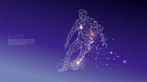 وکتور EPS لایه باز طرح گرافیکی فوتبالی شامل بازیکن فوتبال در حال دویدن به صورت خط و نقطه با پس زمینه سرمه ای 21217