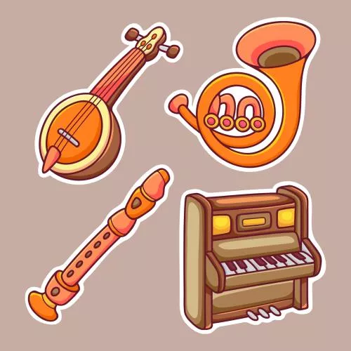 وکتور لایه باز EPS طرح گرافیکی و کارتونی انواع سازهای موسیقی (آلات موسیقی) شامل پیانو و فلوت 21246
