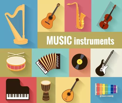 وکتور لایه باز EPS طرح گرافیکی و کارتونی انواع سازهای موسیقی (آلات موسیقی) شامل پیانو و چنگ و ساکسیفون 21258