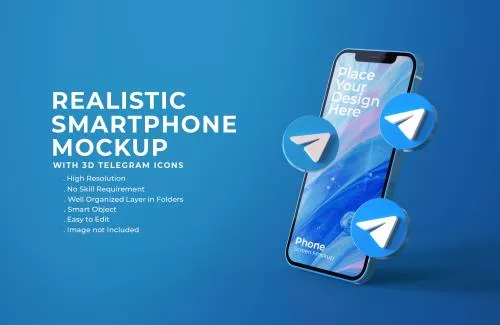 آیکون های سه بعدی تلگرام با موکاپ صفحه موبایل فایل PSD لایه باز 21305
