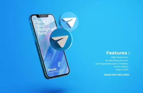 آیکون های سه بعدی تلگرام با موکاپ صفحه موبایل فایل PSD لایه باز 21308