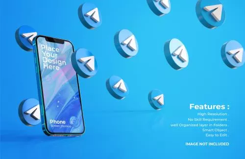 آیکون های سه بعدی تلگرام با موکاپ صفحه موبایل فایل PSD لایه باز 21309