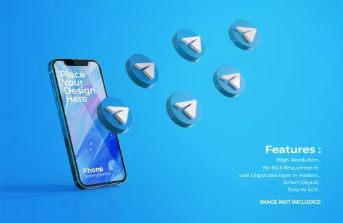 آیکون های سه بعدی تلگرام با موکاپ صفحه موبایل فایل PSD لایه باز 21310