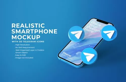 آیکون های سه بعدی تلگرام با موکاپ صفحه موبایل فایل PSD لایه باز 21311