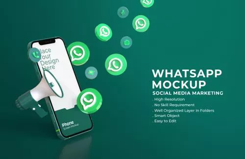 لوگوی رایگان واتس‌اپ به همراه موکاپ صفحه گوشی با زمینه سبز تیره فایل PSD لایه باز 21316