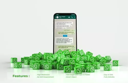 چندین لوگوی واتس‌اپ به همراه موکاپ صفحه گوشی به همراه زمینه سفید فایل PSD لایه باز 21317