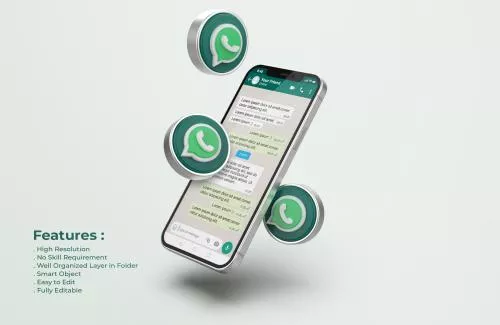 لوگوی رایگان واتس‌اپ به همراه موکاپ صفحه گوشی فایل با زمینه روشن PSD لایه باز 21318