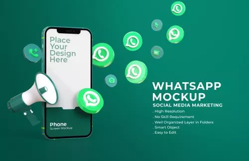لوگوی رایگان واتس‌اپ به همراه موکاپ صفحه گوشی با زمینه سبز تیره و بلندگو فایل PSD لایه باز 21319