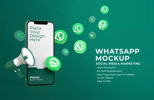 لوگوی واتس‌اپ به همراه موکاپ صفحه گوشی و بلندگو با زمینه سبز فایل PSD لایه باز 21321