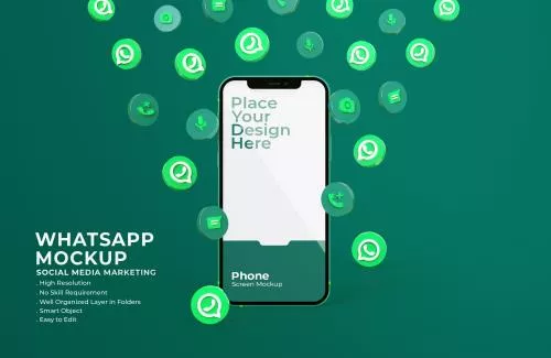لوگوی رایگان واتس‌اپ به همراه موکاپ صفحه گوشی از نمای روبرو به همراه جای متن برای نوشتن فایل PSD لایه باز 21322
