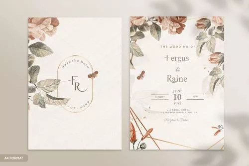 قالب فتوشاپ کارت عروسی فتوشاپ شامل حاشیه گل و برگ و اسم عروس و داماد و تاریخ عروسی فایل psd فتوشاپ 21345