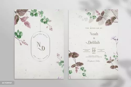 قالب فتوشاپ کارت عروسی به همراه حاشیه گل های آبرنگی و اسم عروس و داماد فایل psd لایه باز 21348