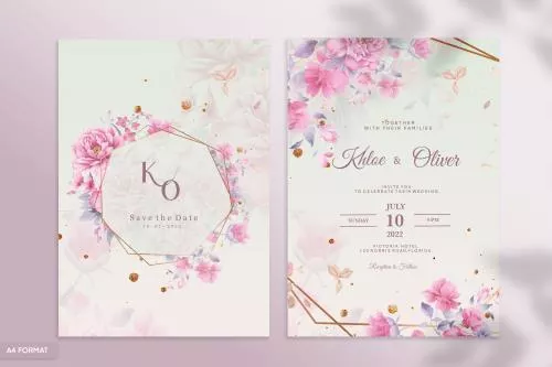 قالب کارت عروسی فتوشاپ به همراه حاشیه گل های صورتی و شامل اشکال هندسی به همراه نام عروس و داماد و تاریخ عروسی فایل psd لایه باز 21350