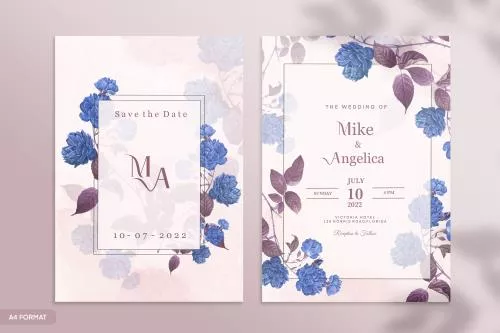 قالب کارت عروسی فتوشاپ شامل گل های آبی و زرشکی ای با زمینه صورتی روشن به همراه نام داماد و عروس فایل psd لایه باز 21353