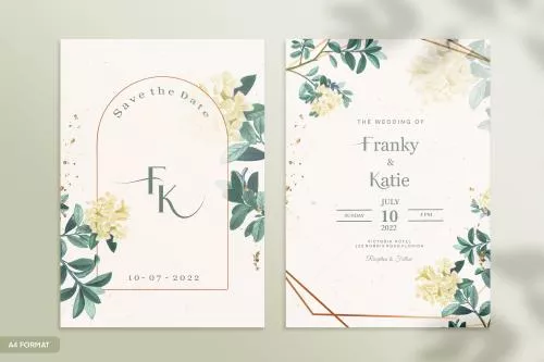 قالب فتوشاپ کارت عروسی با زمینه زرد روشن به همراه گلهای زرد و گلبرگ های سبز و نام داماد و عروس فایل psd لایه باز 21354