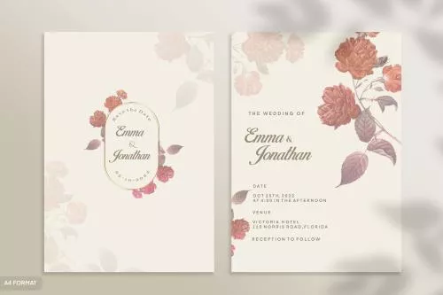 قالب فتوشاپ کارت دعوت عروسی با زمینه کرم و حاشیه گل های رز قرمز فایل psd لایه باز 21356