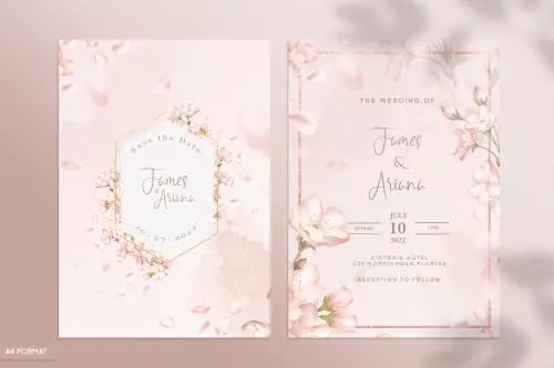 قالب فتوشاپ کارت دعوت عروسی با زمینه صورتی روشن و سفید به همراه حاشیه گل های صورتی فایل psd لایه باز 21357