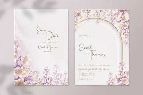 قالب کارت دعوت عروسی فتوشاپی با زمینه سفید و حاشیه گل های صورتی بنفش و نارنجی فایل psd لایه باز 21358