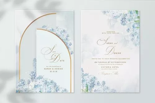 قالب فتوشاپی کارت دعوت عروسی با زمینه سفید و گلهای رز آبی و جای اسم عروس و داماد فایل psd لایه باز 21360