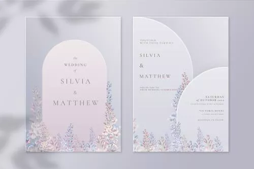 قالب فتوشاپی کارت عروسی لاکچری با زمینه طوسی و صورتی به همراه حاشیه گل های بنفش و زرد و نارنجی و جا برای نوشتن متن فایل psd لایه باز 21362