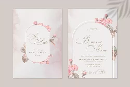 قالب کارت عروسی فتوشاپی با زمینه سفید و صورتی به همراه اشکال هندسی گرد و حاشیه گل محمدی صورتی فایل psd لایه باز 21363