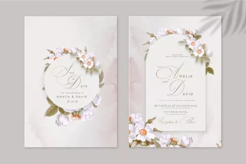 قالب کارت عروسی فتوشاپ با زمینه روشن و حاشیه گل های بابونه به همراه برگ های سبز با کیفیت فوق العاده بالا فایل psd لایه باز 21364