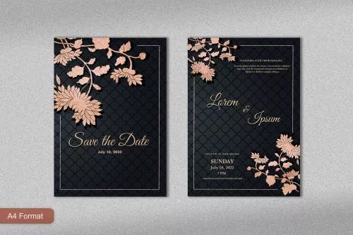 قالب فتوشاپ کارت دعوت عروسی با زمینه مشکی ای و گلبرگ های صورتی و جای متن برای نوشتن فایل psd لایه باز 21366