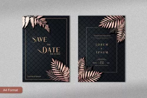 قالب فتوشاپ کارت دعوت عروسی لاکچری به همراه زمینه مشکی و تیره به همراه برگهای پوست پیازی و متن زرد فایل پی اس دی لایه باز 21367