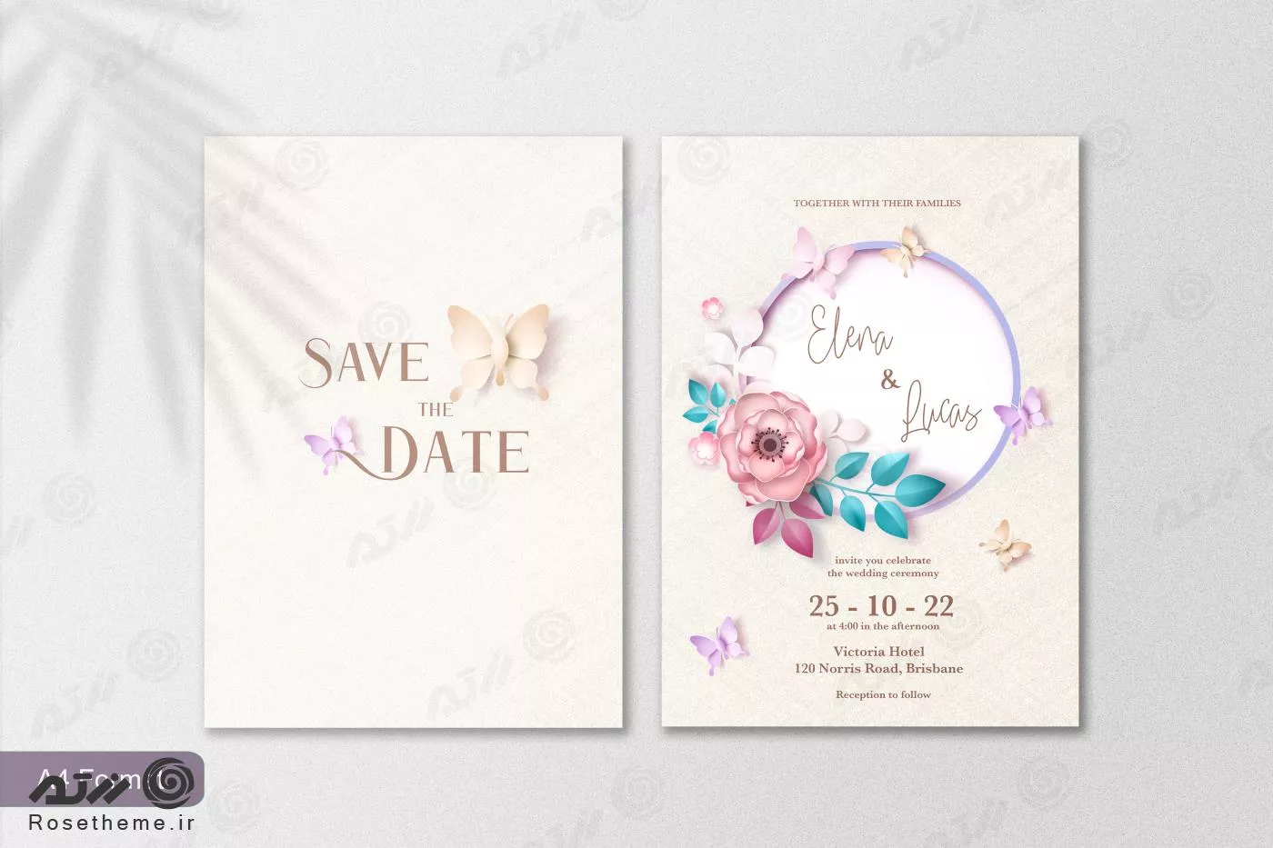 قالب فتوشاپ کارت دعوت عروسی با زمینه سفید و روشن به همراه پروانه و قاب گرد گل رز و گلبرگ فایل psd لایه باز 21368