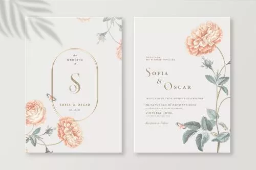 قالب فتوشاپ کارت دعوت عروسی با زمینه سفید و گلهای محمدی نارنجی و برگ های سبز و جای متن برای نوشتن فایل psd لایه باز 21369