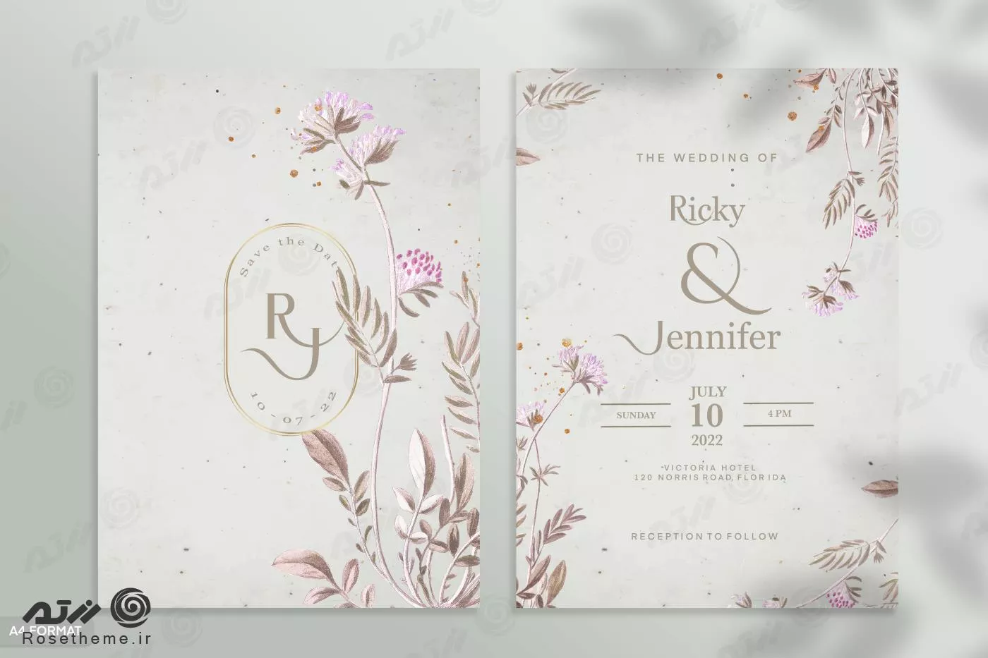 قالب فتوشاپ کارت دعوت عروسی با زمینه سفید و حاشیه گل های صورتی و گلبرگهای پوست پیازی به همراه جای متن برای نوشتن فایل psd لایه باز 21370