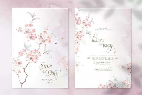 قالب رایگان فتوشاپ کارت دعوت عروسی با زمینه سفید شامل شاخ و گلبرگ های بهاری صورتی و جای متن برای نوشتن فایل psd لایه باز 21371