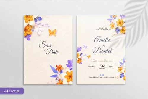 قالب فتوشاپ کارت دعوت عروسی لایه باز با زمینه زرد روشن و حاشیه گل های نارنجی صورتی و بنفش به همراه جای متن و متن های قابل ویرایش فایل psd لایه باز 21376