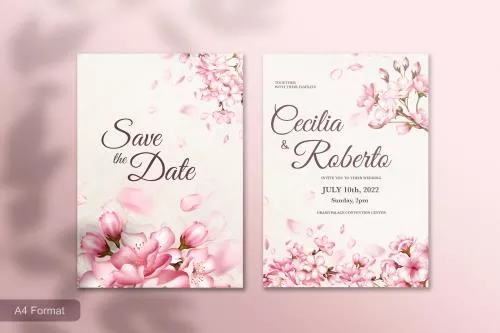 قالب کارت عروسی psd با زمینه کرم روشن سن و حاشیه گل و شکوفه های بهاری صورتی فایل فتوشاپ لایه باز ز به همراه متن ها و عکس های قابل ویرایش 21377