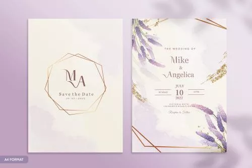 قالب فتوشاپ کارت دعوت عروسی با زمینه زرد روشن و کرم به همراه حاشیه گل های بنفش فایل psd لایه باز ز 21378