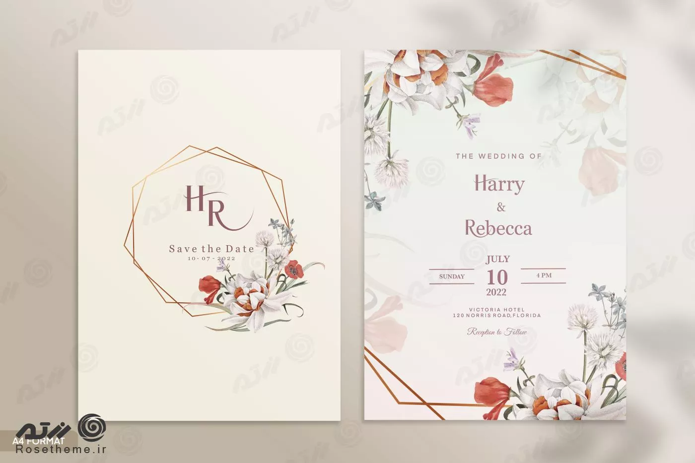 قالب فتوشاپ کارت دعوت عروسی با زمینه زرد روشن و سفید با حاشیه گل های رز قرمز و سفید و برگهای سبز و اشکال هندسی فایل psd لایه باز 21379