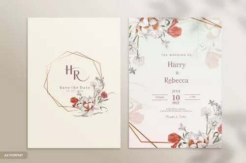 قالب فتوشاپ کارت دعوت عروسی با زمینه زرد روشن و سفید با حاشیه گل های رز قرمز و سفید و برگهای سبز و اشکال هندسی فایل psd لایه باز 21379