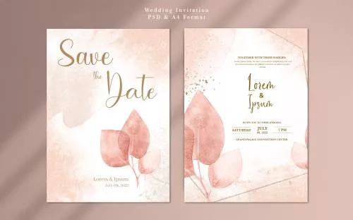 قالب فتوشاپی کارت دعوت عروسی با سایز برگه a۴ با زمینه سفید و حاشیه برگ های پوست پیازی و گلبهی فایل psd لایه باز 21380