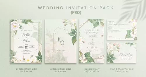 قالب فتوشاپ کارت دعوت عروسی سی با تم سبز رنگ به همراه حاشیه گل های سفید و برگ های سبز با زمینه سفید در اندازه های متفاوت فایل psd لایه باز 21381