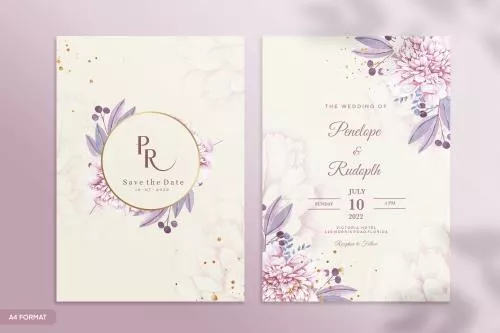 قالب فتوشاپی کارت دعوت عروسی رایگان با زمینه کرم روشن و حاشیه گل های بنفش و صورتی و اشکال هندسی گرد و دایره ای فایل psd لایه باز 21382