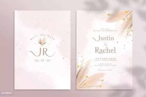 قالب فتوشاپی کارت دعوت عروسی رایگان با زمینه صورتی و سفید و حاشیه برگهای کرم رنگ فایل psd لایه باز 21383